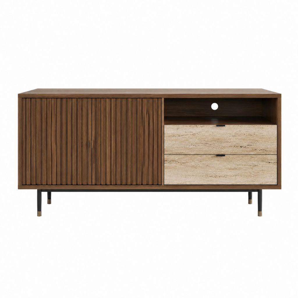 Meuble TV 160 cm brun en MDF plaqué noyer avec 2 tiroirs effet travertin