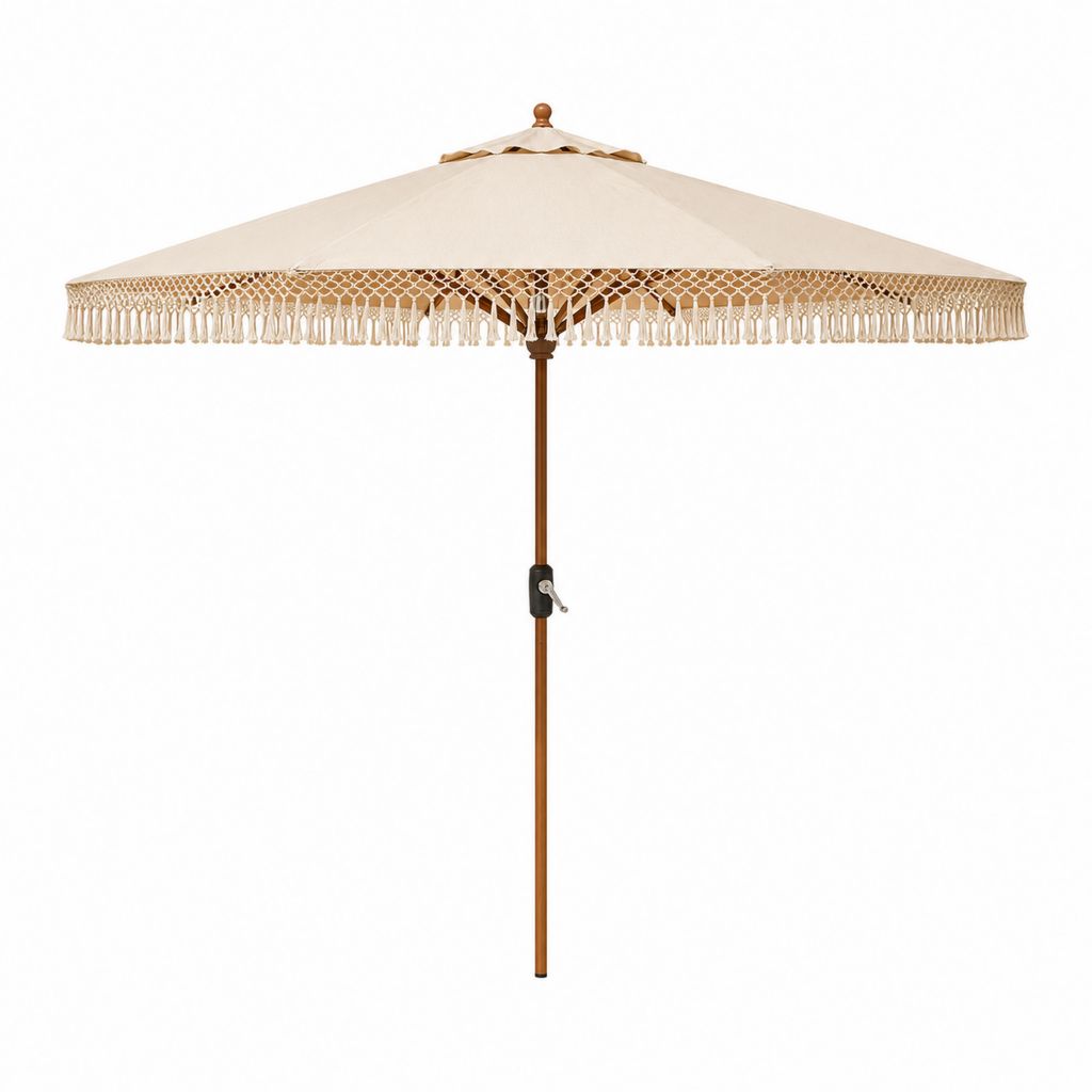 Parasol de jardin rond beige en polyester avec mât en bois 270 cm x 250 cm