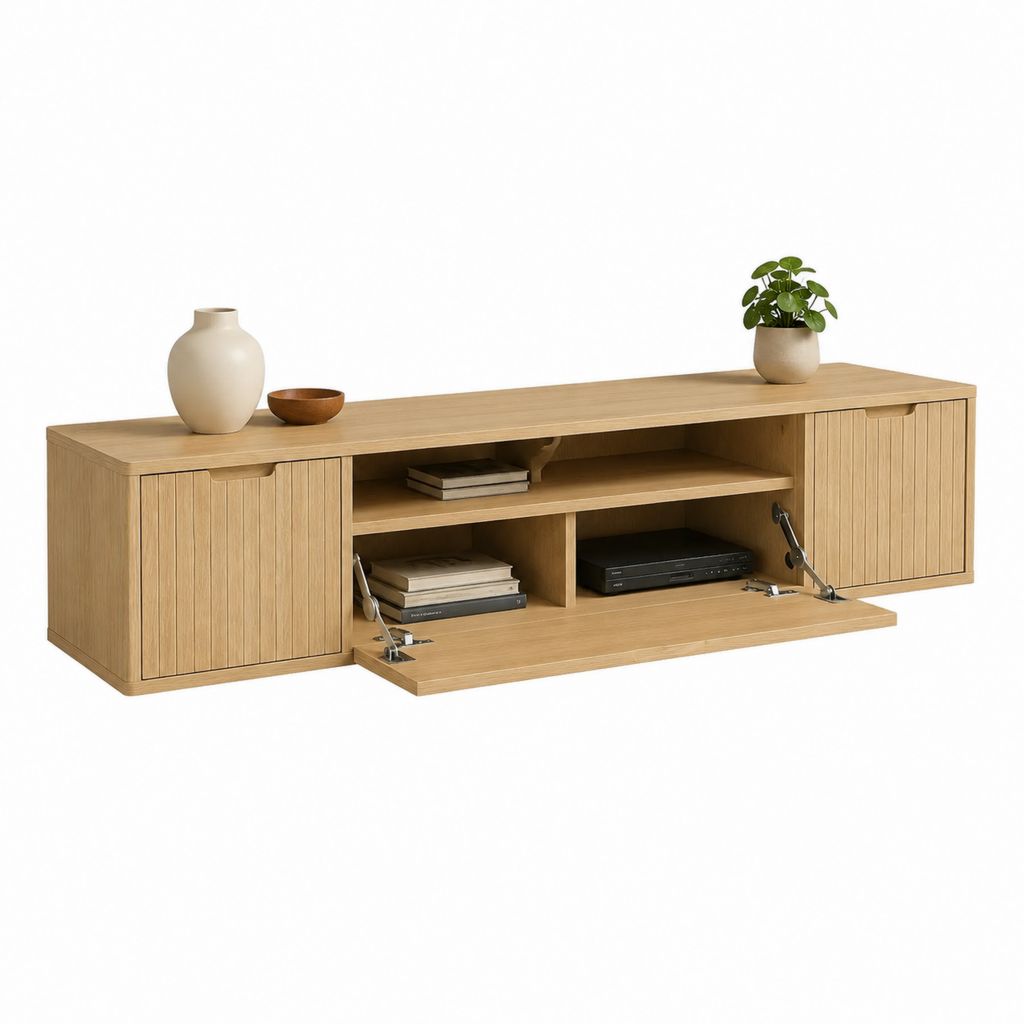 Meuble TV bas en chêne naturel avec 2 portes abattantes et rangements 180 x 40 x 55 cm