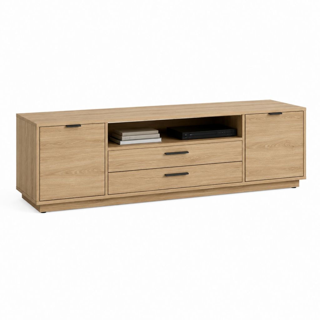 Meuble TV bas chêne clair en panneaux de particules rectangulaire 180 x 40 x 60 cm avec 2 portes 2 tiroirs et niche ouverte