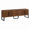 Meuble TV 180 cm noyer en panneaux MDF avec 2 portes 2 tiroirs et pieds en acier noir