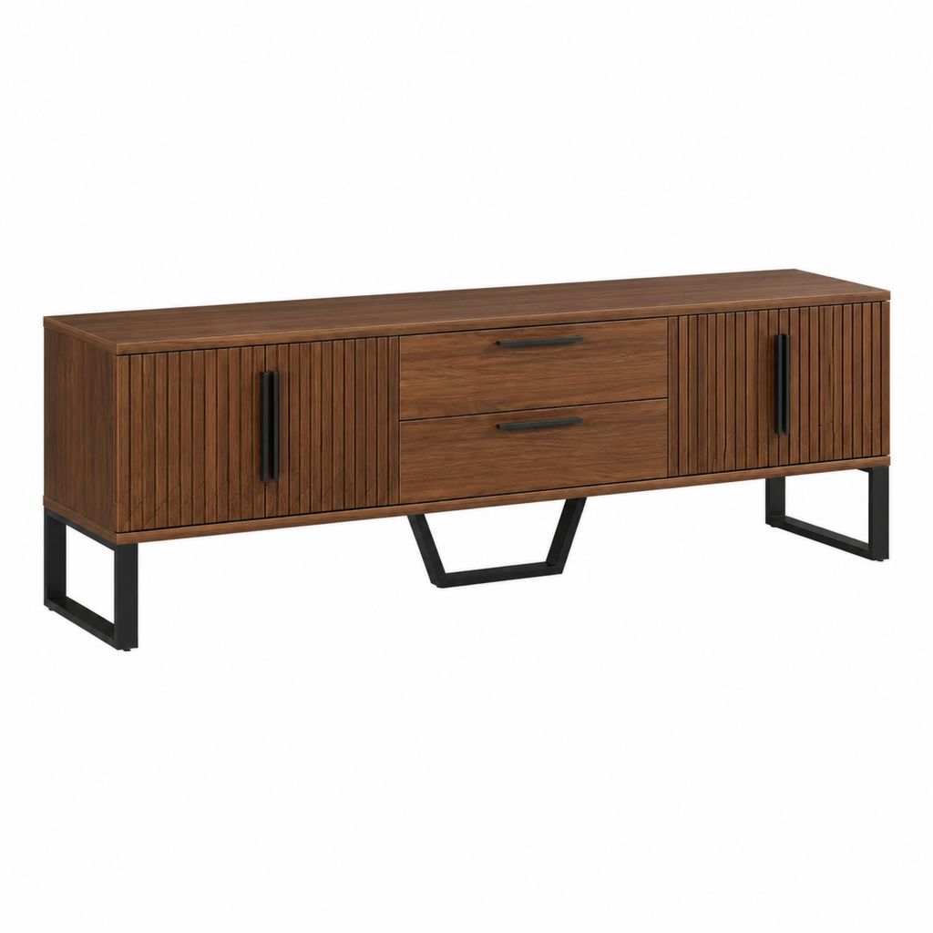 Meuble TV 180 cm noyer en panneaux MDF avec 2 portes 2 tiroirs et pieds en acier noir