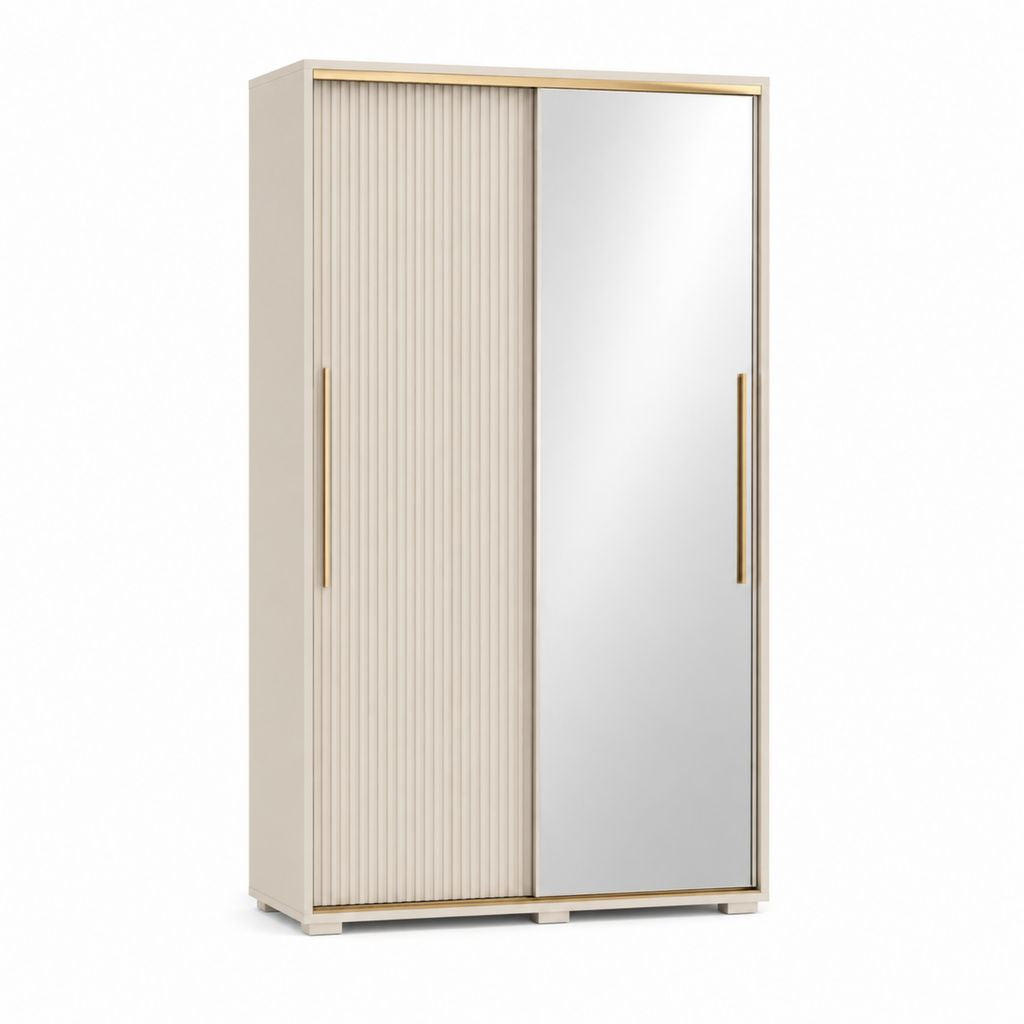 Armoire de chambre à portes coulissantes beige en panneaux de particules avec miroir 120 x 60 x 200 cm