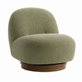 Fauteuil lounge arrondi vert olive en polyester bouclette avec base circulaire en placage bois 85 x 85 x 78 cm