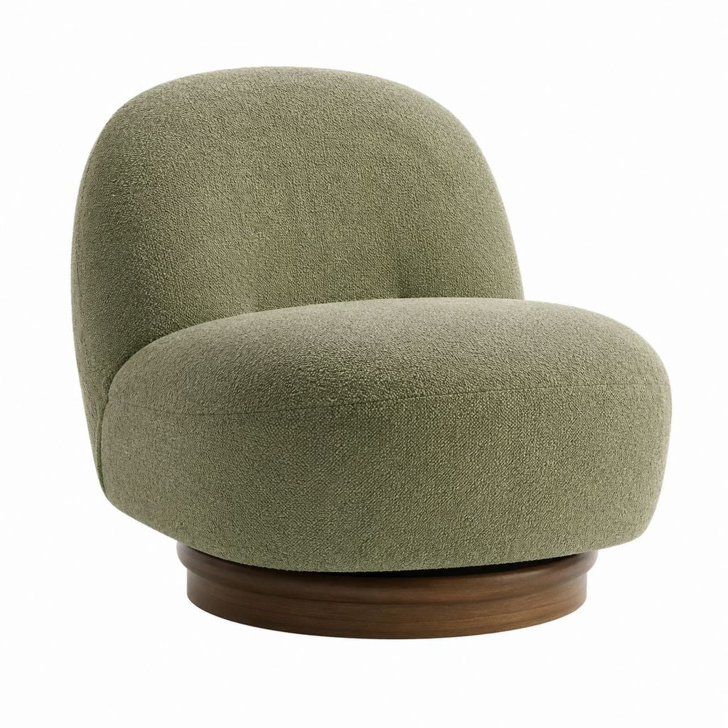 Fauteuil lounge arrondi vert olive en polyester bouclette avec base circulaire en placage bois 85 x 85 x 78 cm