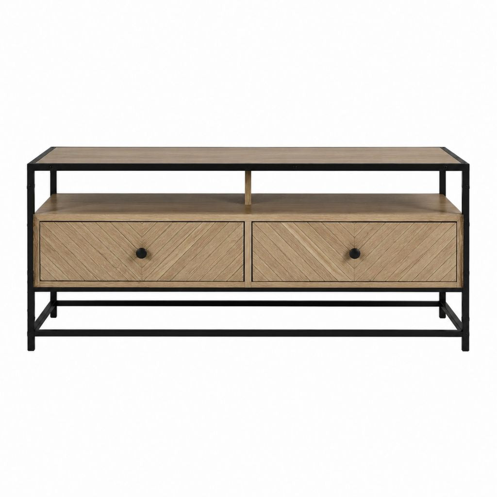 Meuble TV 2 portes en bois massif marron et acier noir rectangulaire 160 x 40 x 60 cm