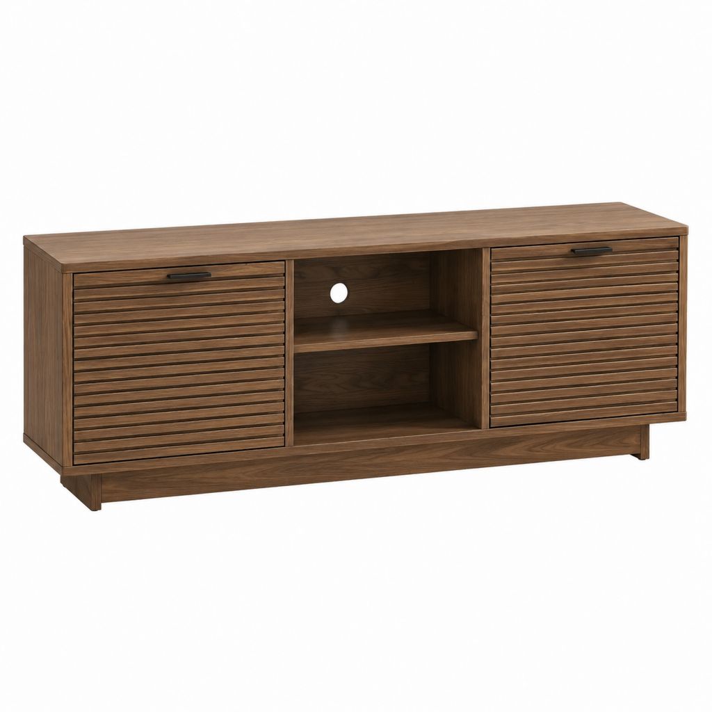 Meuble TV 160 cm marron noyer en MDF plaqué noyer rectangulaire avec 2 portes et 2 niches