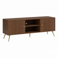 Meuble TV 160 cm brun noyer en MDF avec 2 portes rainurées et étagères ouvertes