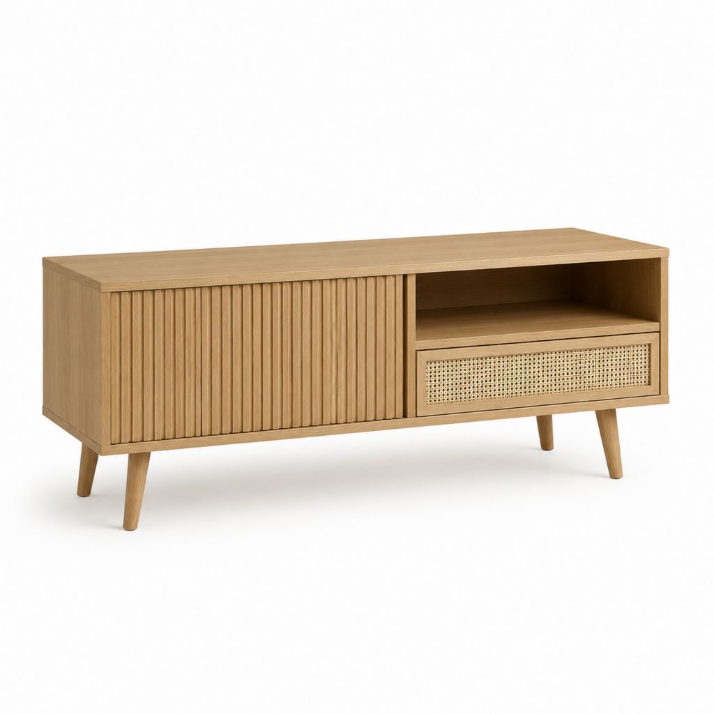 Meuble TV rectangulaire chêne naturel MDF plaqué chêne cannage rotin 120 x 40 x 60 cm