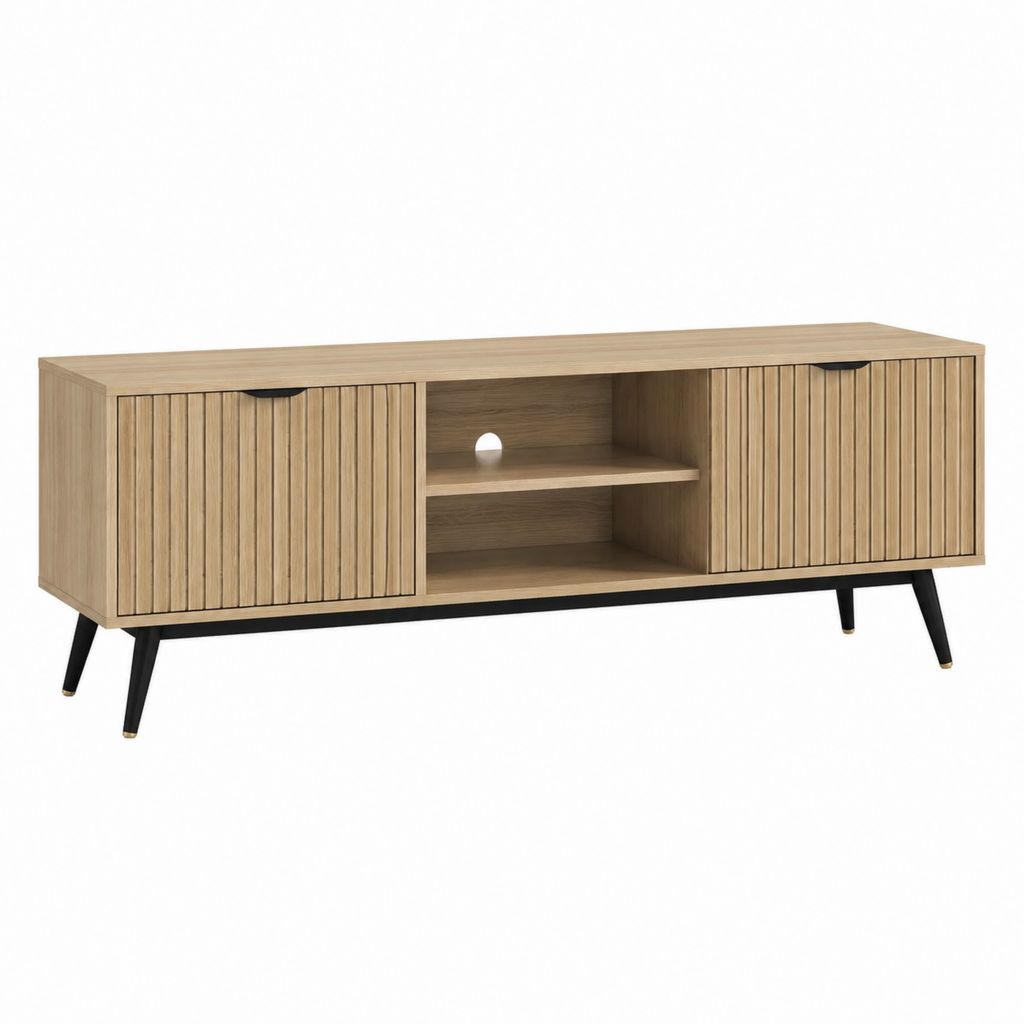 Meuble TV 2 portes avec rangement chêne clair MDF et panneaux de particules 160 x 40 x 60 cm