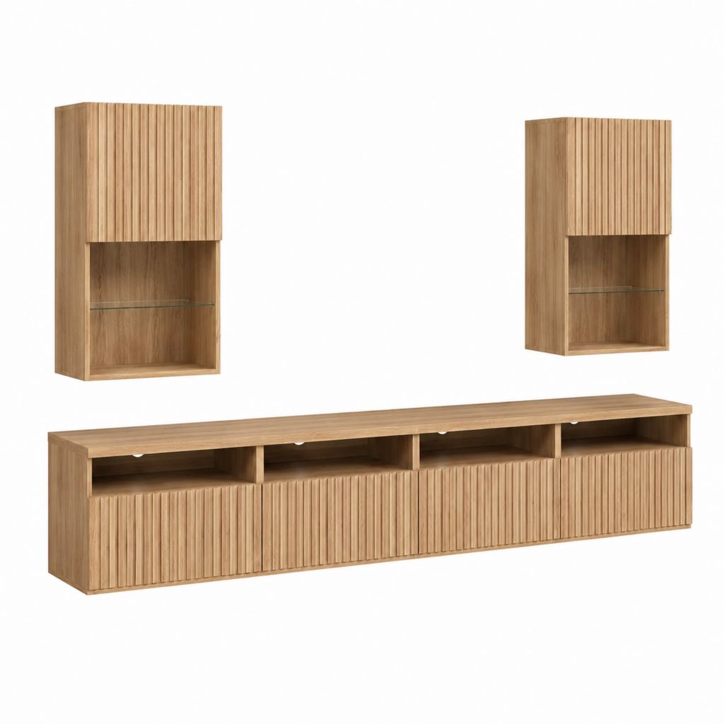 Ensemble meuble TV 3 pièces chêne naturel en MDF rectangulaire 180 x 40 x 45 cm avec 2 meubles muraux