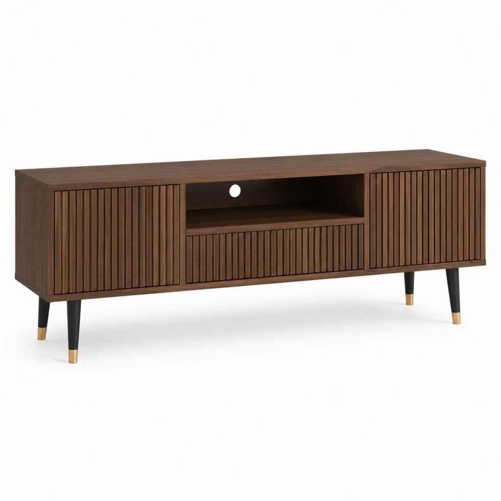 Meuble TV en MDF plaqué noyer brun avec portes rainurées 160 x 40 x 60 cm