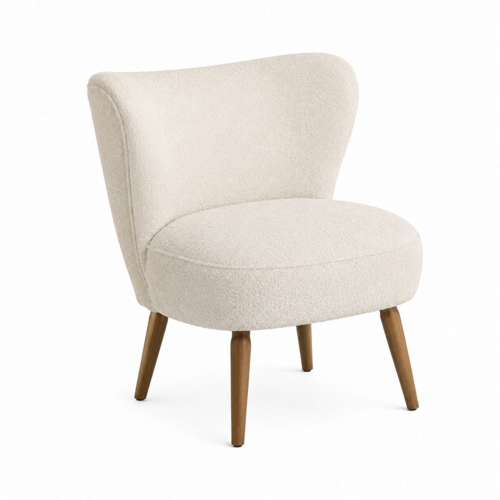 Fauteuil de salon crème en polyester bouclette avec pieds en bois massif 69 x 75 x 80 cm