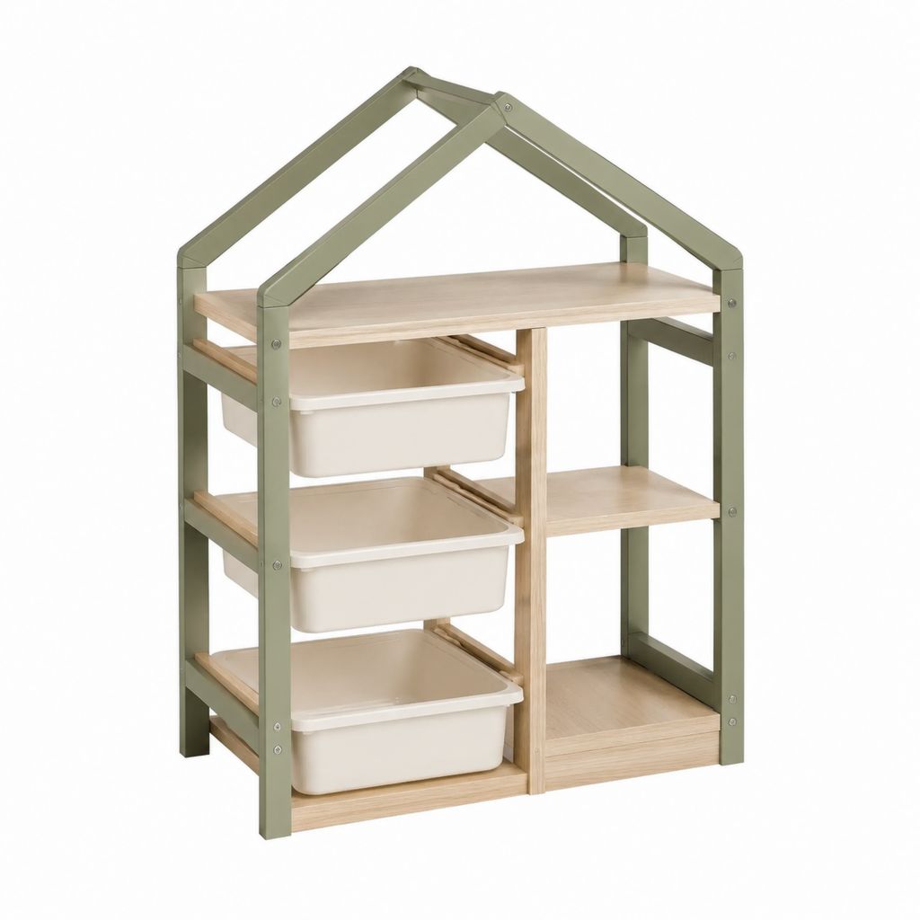 Étagère de rangement enfant forme maison vert kaki et chêne clair avec 3 bacs 90 x 35 x 120 cm