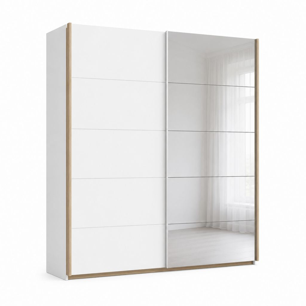 Armoire à portes coulissantes blanche et chêne avec miroir en verre 200 x 60 x 215 cm