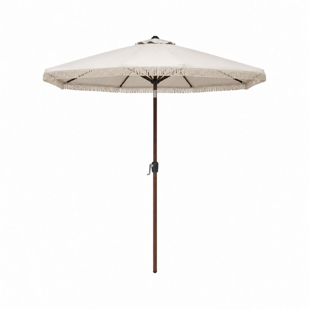 Parasol de jardin rond écru à franges en polyester avec mât en bois Ø 270 cm