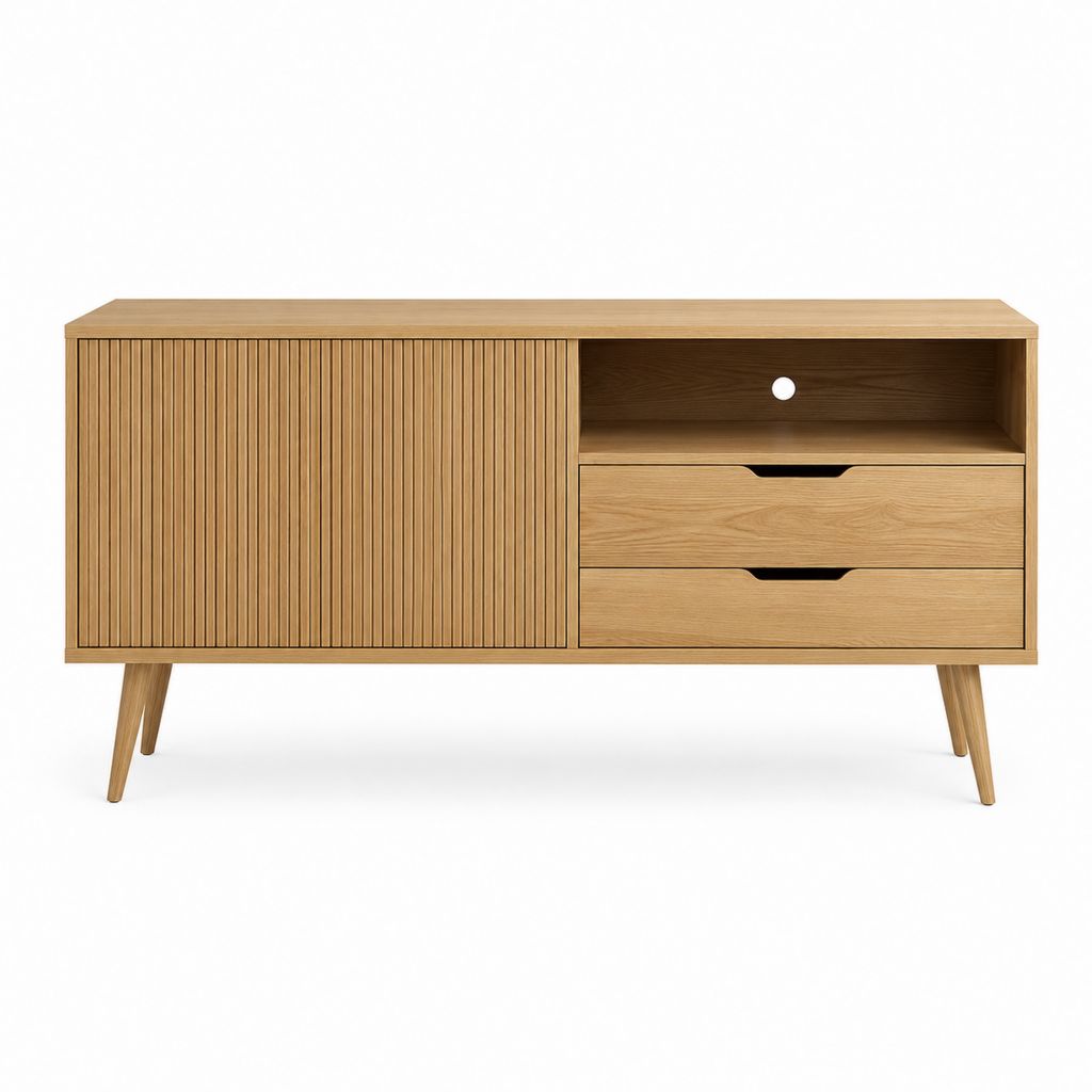 Meuble TV en chêne naturel 140 x 40 x 75 cm avec porte coulissante et 2 tiroirs