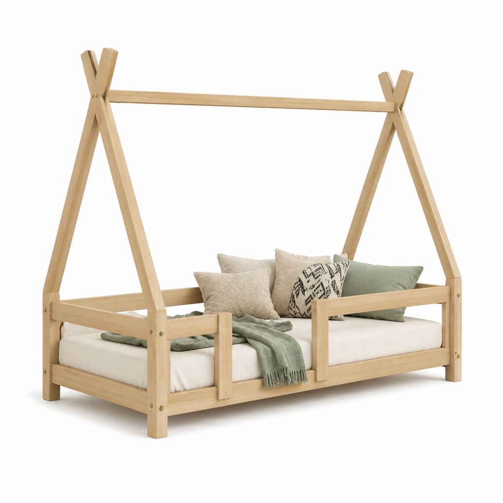 Lit cabane enfant en pin massif naturel 90 x 200 cm 208 x 98 x 170 cm